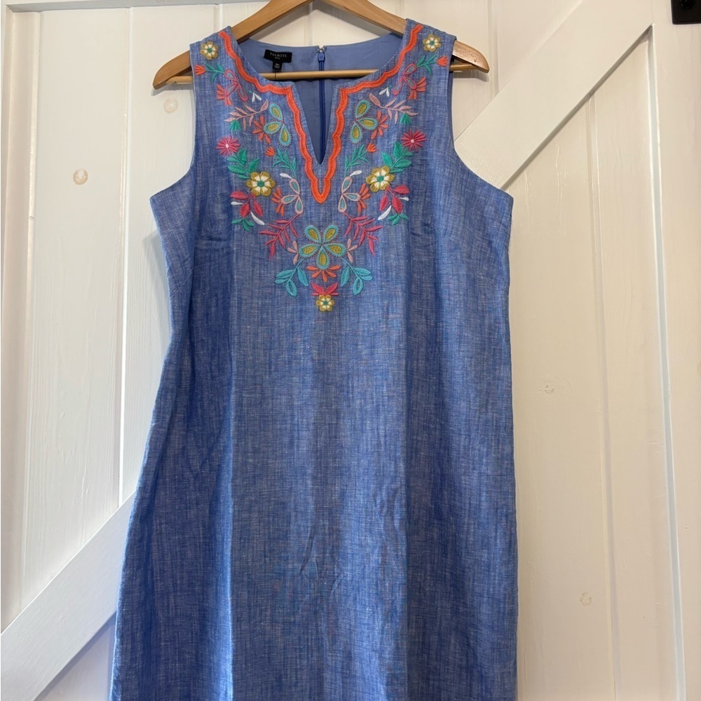 Talbots Linen Blend Embroidered Floral Blue Chambray Sleeveless Shift Dress 16P - Picture 3 of 9